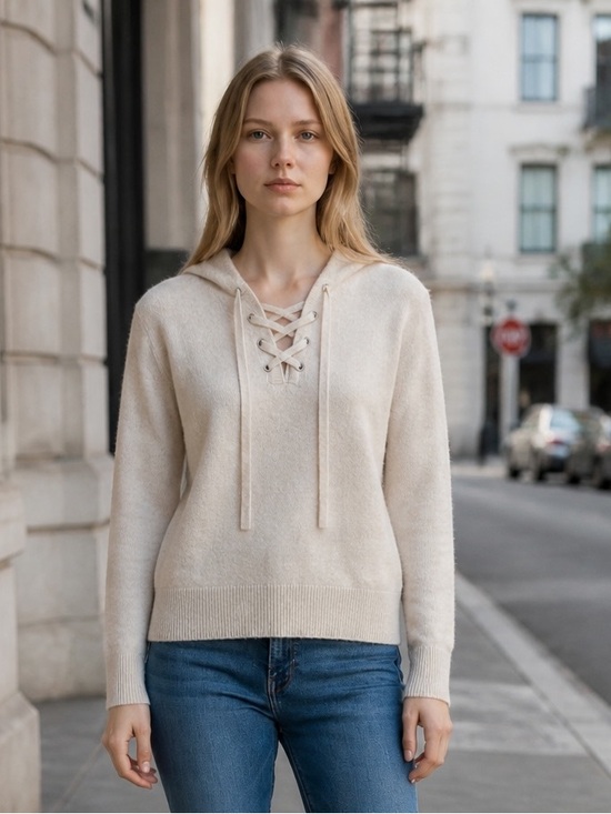 INTERMIX Sweaters - INTERMIX Lace-Up Hoodie Sweater in Light Beige